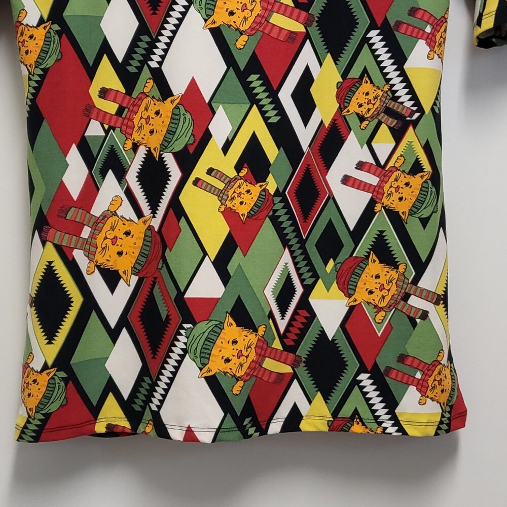 LuLaRoe Womens Top Large Holiday Christmas Cat Print Short Sleeve Stretch - Picture 8 of 11
